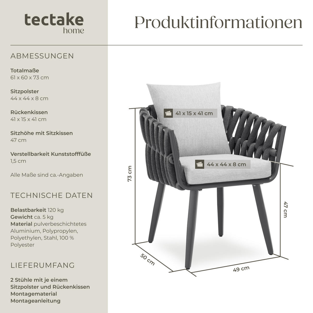 STUHL Lugano 2ER SET, höhenverstellbare Kunststofffüße, 61 x 60 x 73 cm, anthrazit - Anthrazit, Metall (61/73/60cm) - tectake