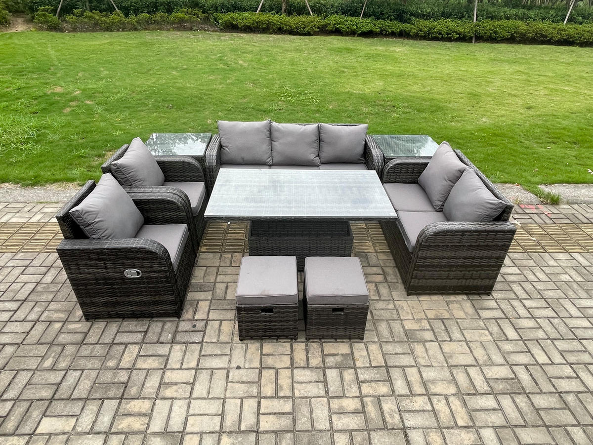 GARTENTISCHGRUPPE Polyrattan 9-Sitzer - Dunkelgrau/Grau, Glas/Kunststoff - Fimous