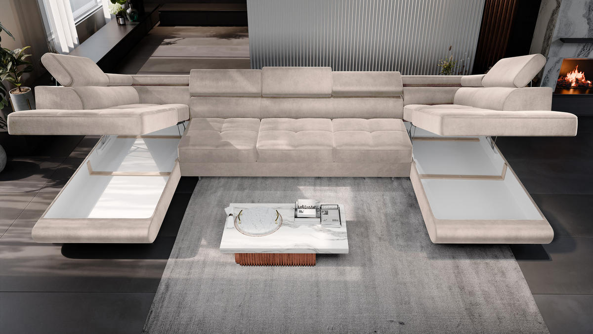 ECKSOFA U-Form WILD MAXI U2 mit Schlaffunktion 125x329 Velours Beige - Chromfarben/Beige, Holz/Textil (400/90/203cm) - Muffo