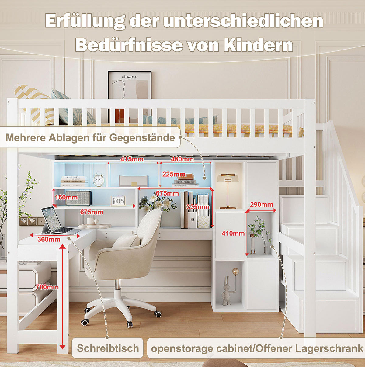 HOCHBETT 140/200 cm Weiß aus Kiefernholz und MDF mit LED-Leuchten - Weiß, Holz (140/200cm) - OKMYHOME