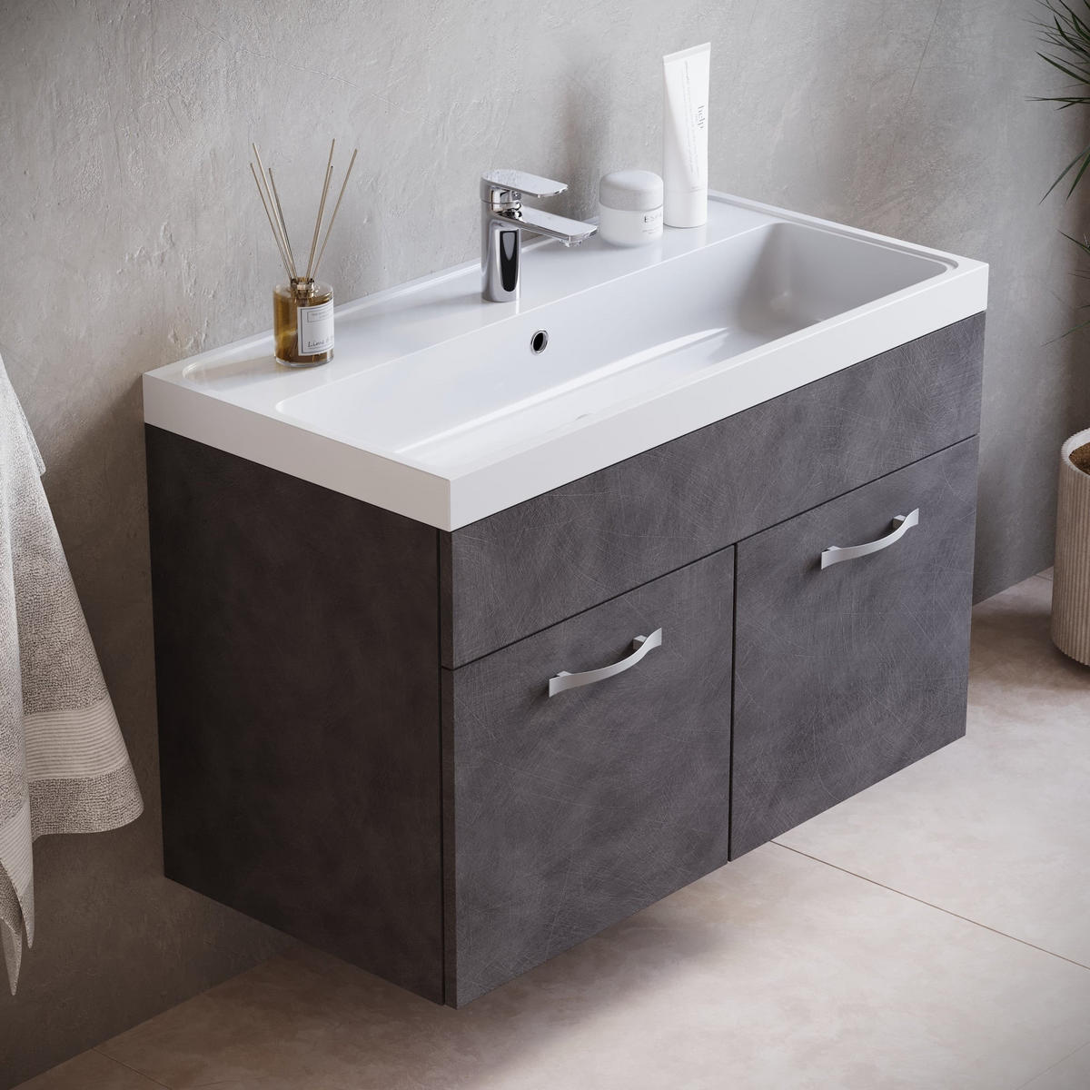 BADMÖBEL-SET Paso 3 Teile Dunkel Grau - 80 x 40 x 55 cm - Grau, Holz (80/55/40cm) - Badplaats