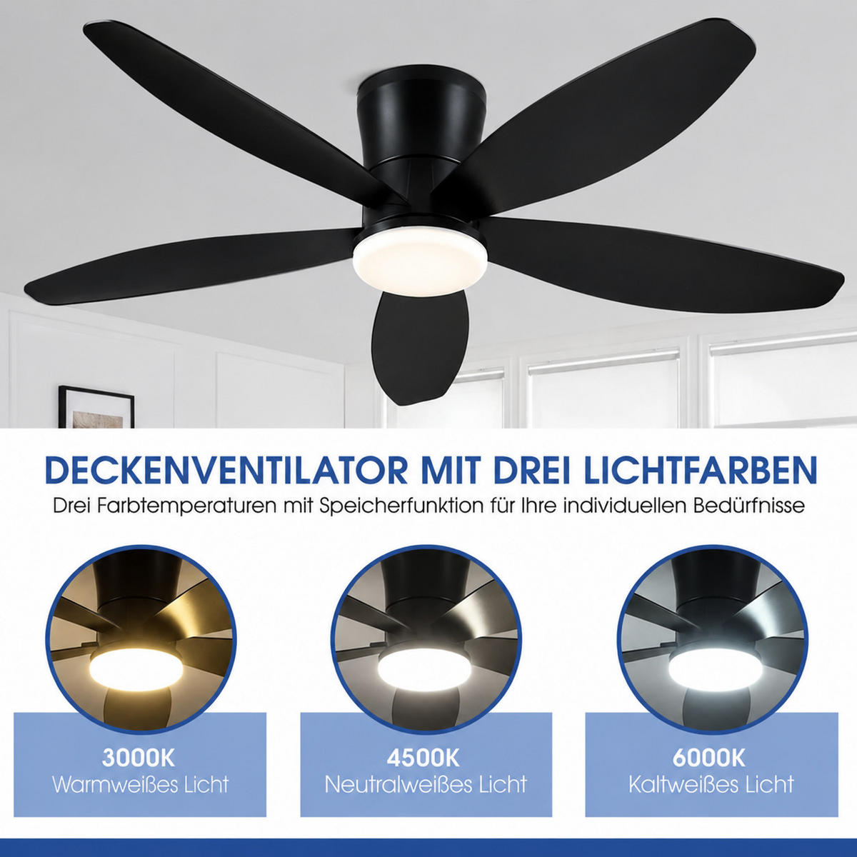 DECKENVENTILATOR Schwarz 122 cm mit LED und leisem DC-Motor - Schwarz, Kunststoff (122/122/22cm) - Surtime