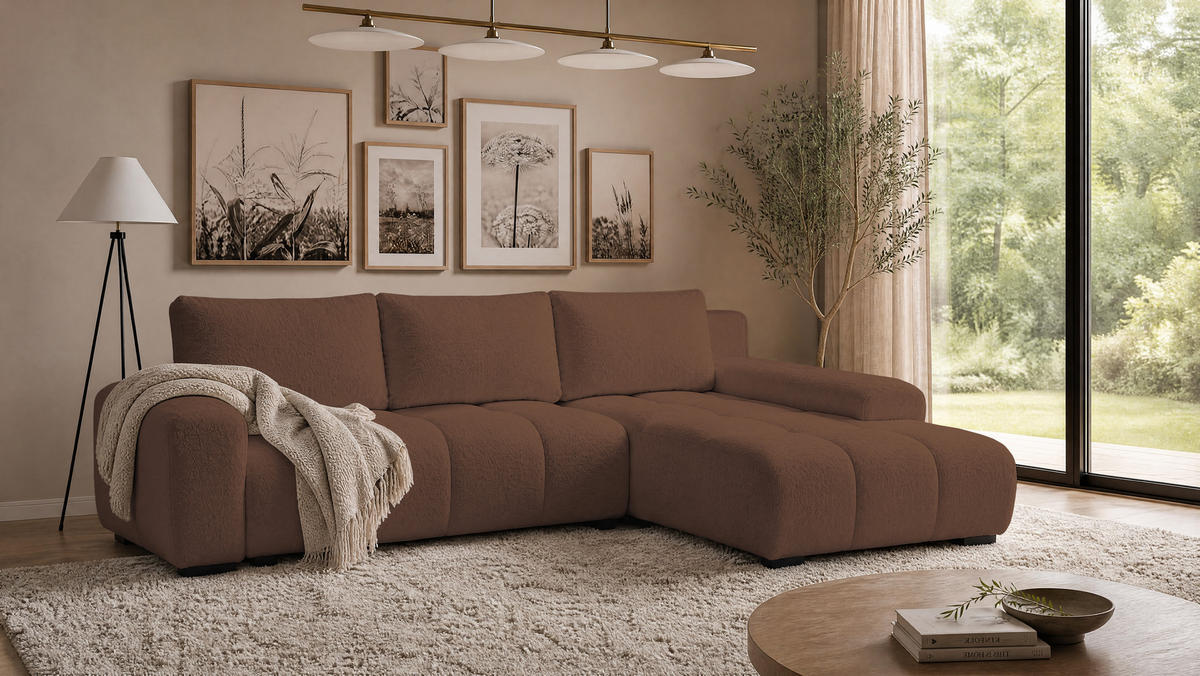 ECKSOFA Ovia mit Bettkasten und Schlaffunktion, Bouclé-Stoff in L-Form - Braun, Textil (270/185cm)