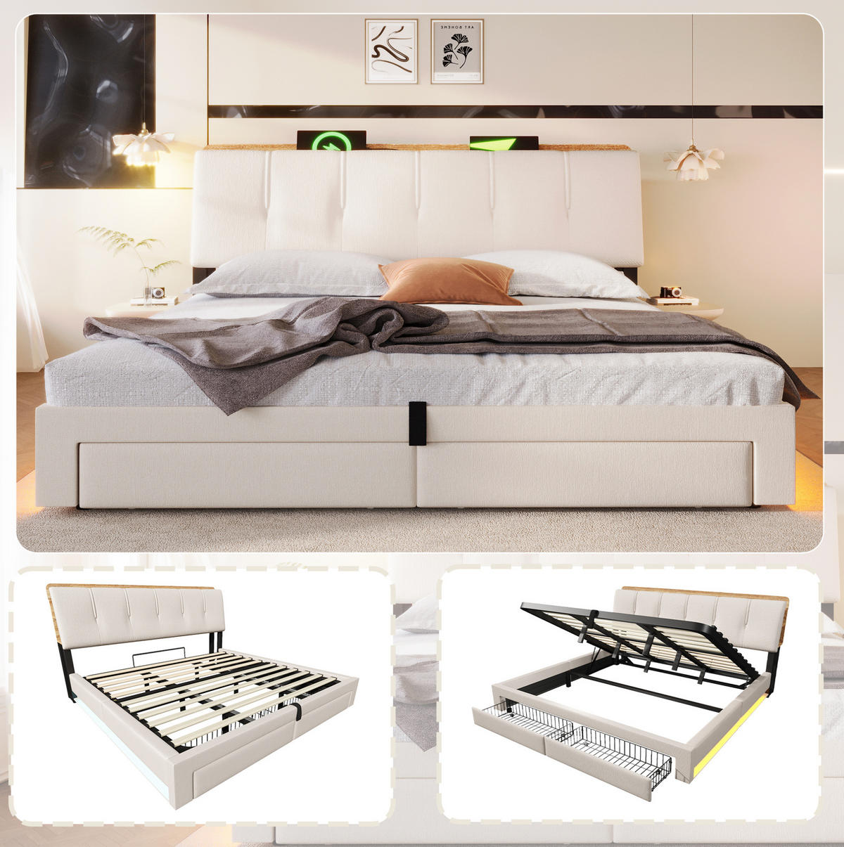 POLSTERBETT 180/200 cm Beige mit USB-, Typ-C-Anschluss, LED und hydraulischem Stauraum aus Leinen - Beige, Textil (180/200cm) - OKMYHOME