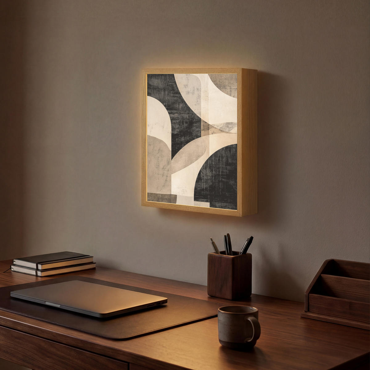 NÁSTĚNNÁ LAMPA S AKUMULÁTOREM Abstraktní - Tvary - Moderní - Béžová 30x40 cm - šedá, kompozitní dřevo (30/40/8cm) - OnlyWow
