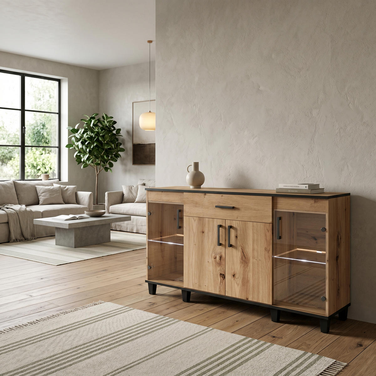 KOMMODE CORTEZA 160/90/40cm mit 1 Schubladen 4 Türen Eiche Artisan - Eiche Artisan, Holzwerkstoff (160/90/40cm) - MASSENO