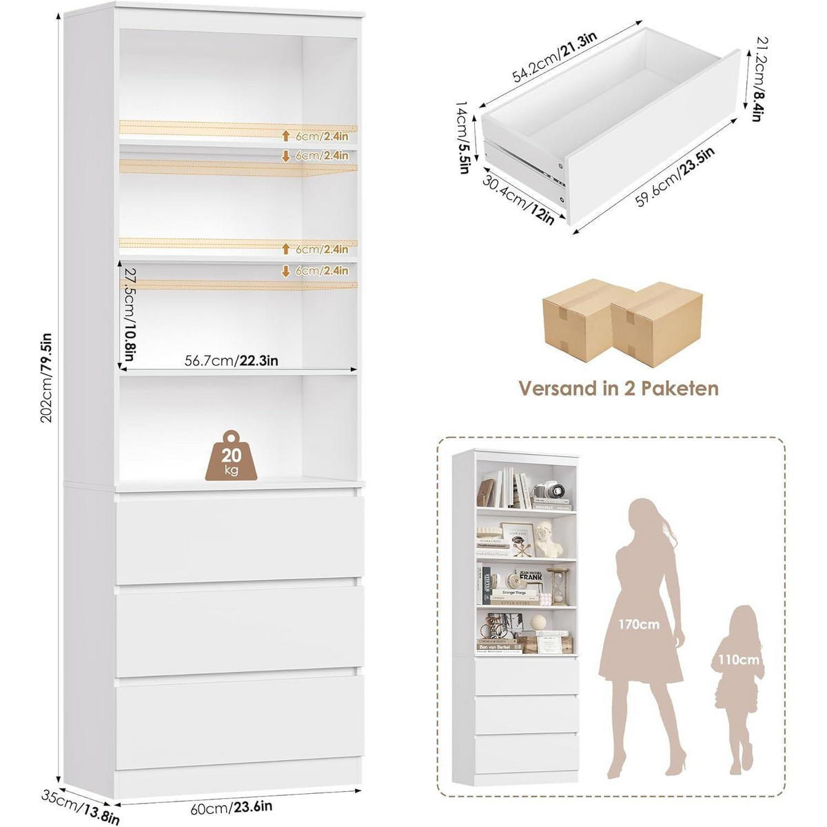 BÜCHERREGAL mit 3 Schubladen weiß 202 x 60 x 35 cm - Weiß, Holzwerkstoff (60/202/35cm)