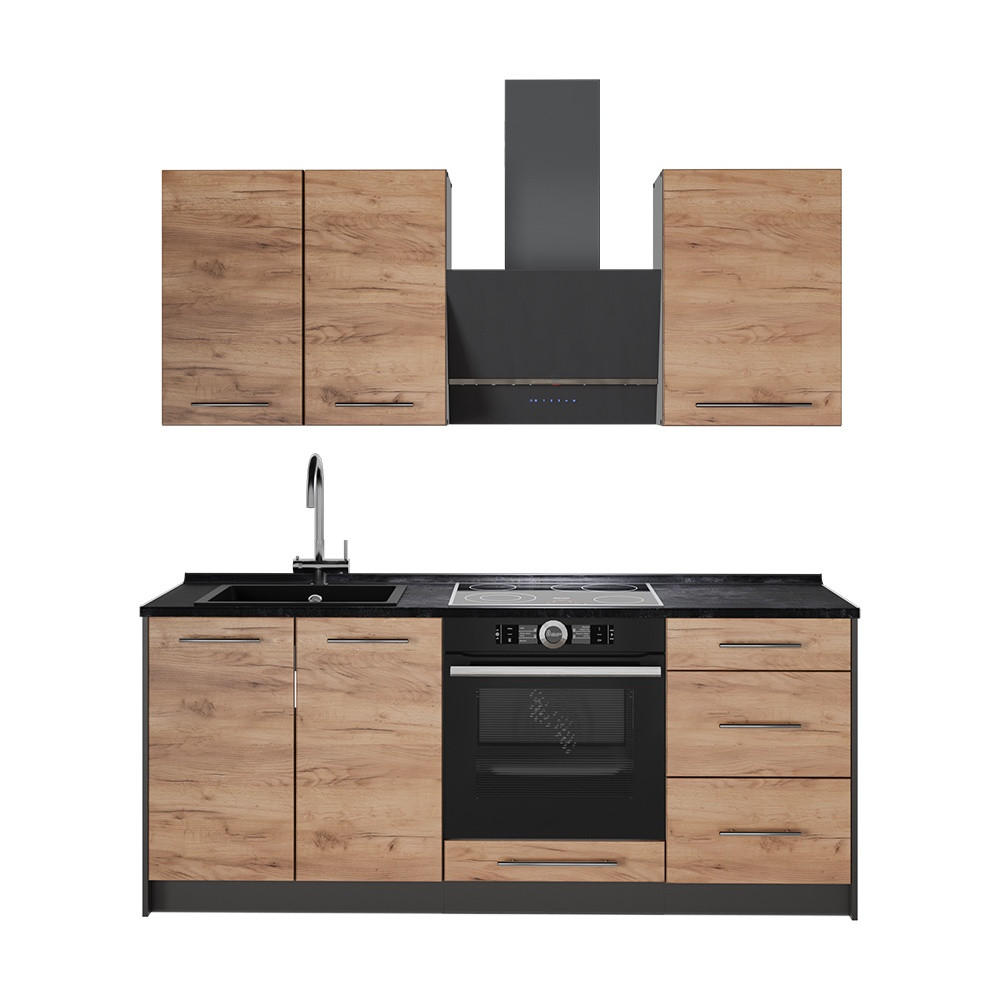 SINGLEKÜCHE Fame-Line, Goldkraft Eiche/Weiß, 190 cm ohne Arbeitsplatte - Honigeiche/Anthrazit, Holzwerkstoff (190/206.8/51.6cm) - Vicco