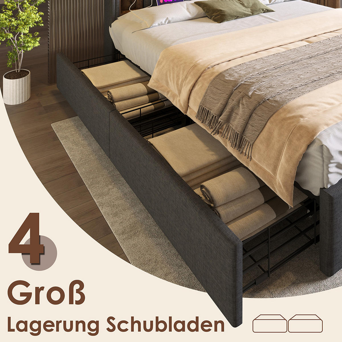 POLSTERBETT 160/200 cm in Grau Leinen - Grau, Holz/Textil (160/200cm) - KOMHTOM