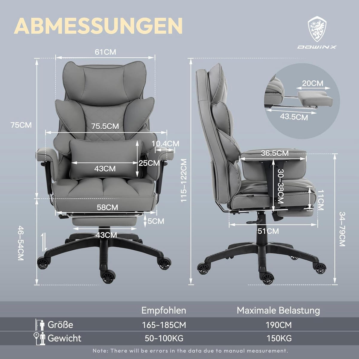 GAMING-STUHL & gefederten Sitzkissen Lendenwirbelstütze und Fußstützen - Grau, Leder (76/121/60cm)