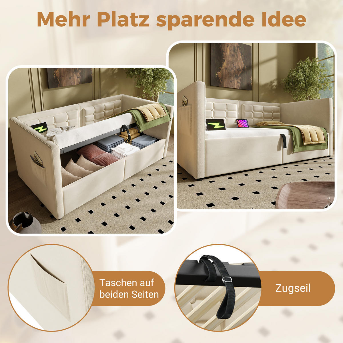 SCHLAFSOFA 90/200 cm in Beige Samt mit Stauraum, USB und Type-C - Beige, Holzwerkstoff/Textil (90/200cm) - WISHDOR