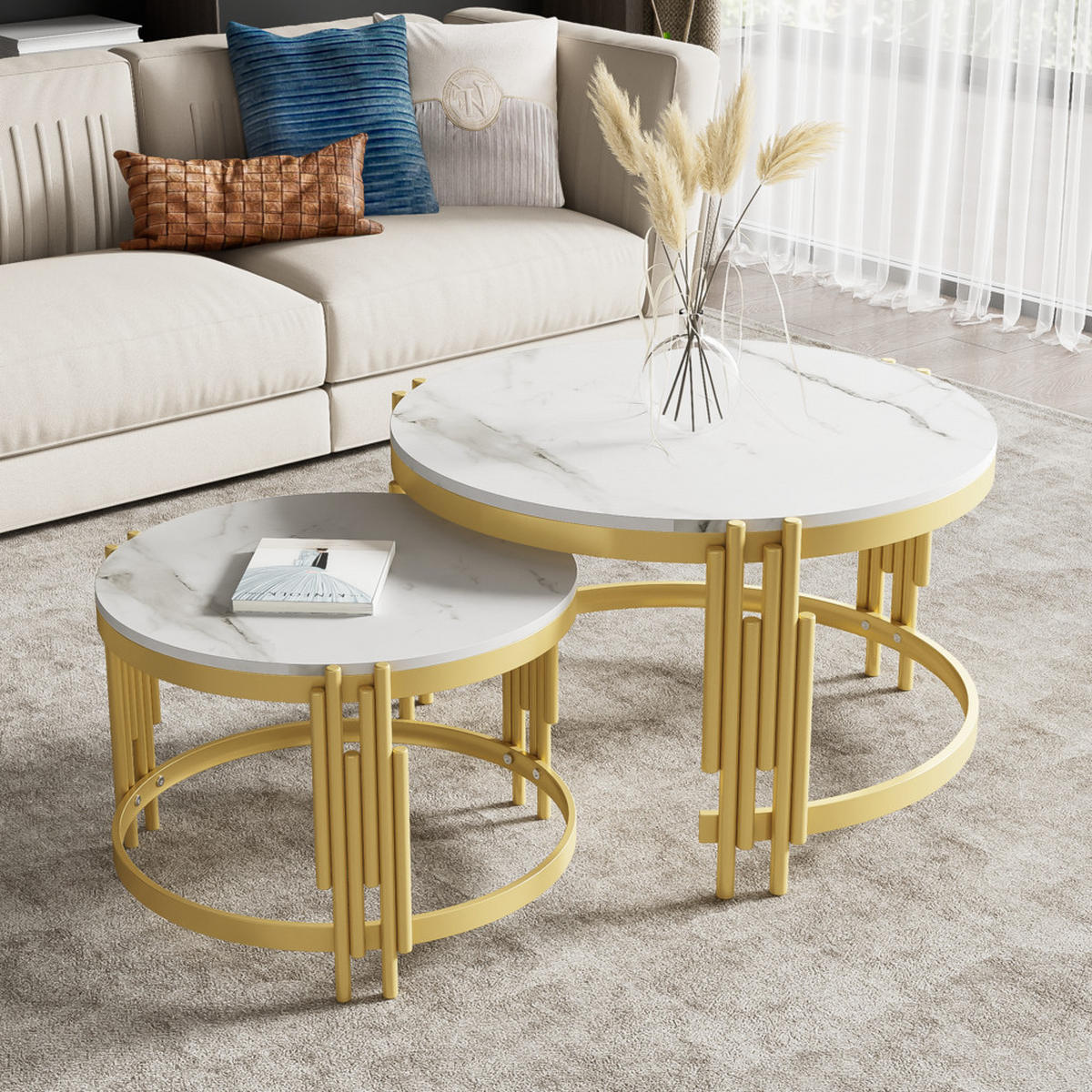 COUCHTISCH Set 2 Größen Marmoroptik Gold Rahmen Rund Modern Modulierbar - Weiß, Holz (78/77/17cm) - FLIEKS