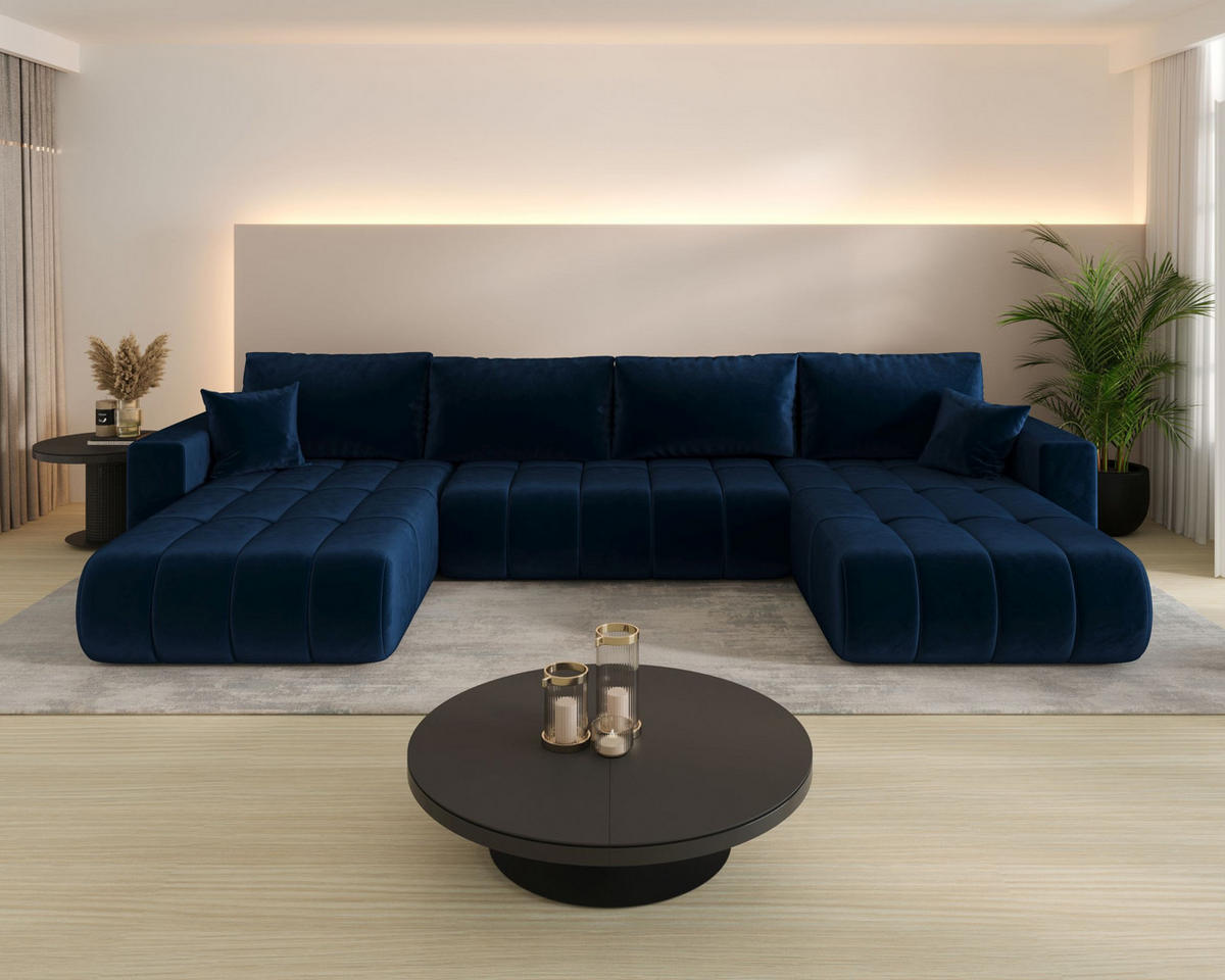 ECKSOFA LARA PREMIUM U-Form dunkelblau Velours Monolith 77 - Schlaffunktion, Bettkasten - Dunkelblau, Textil (385/175cm) - Cornero