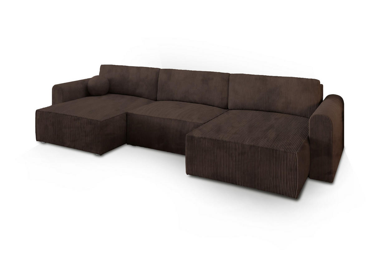WOHNLANDSCHAFT FENTO P Braun Kordstoff mit Schlaffunktion - Braun, Holz (347/90/148cm) - MASSENO