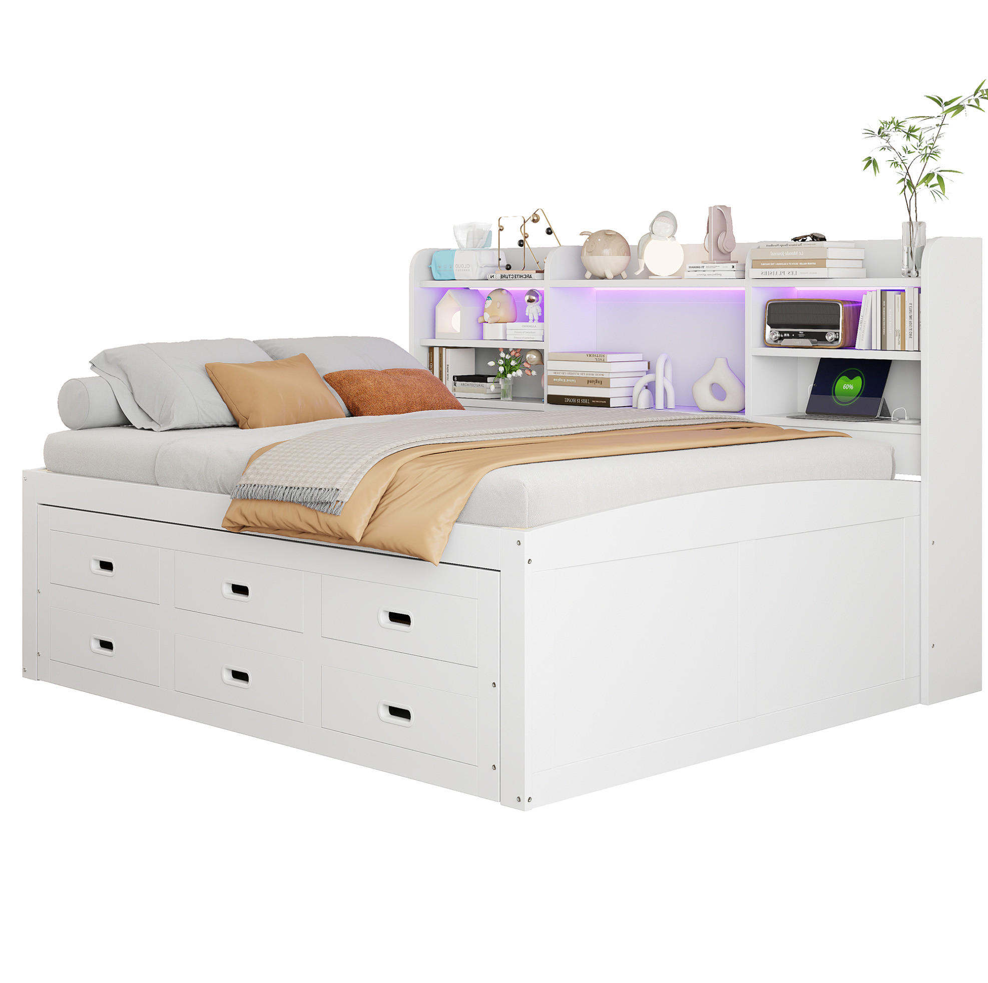 TAGESBETT 140/200 cm aus werkstoff mit LED-Beleuchtung, USB-/Type-C-Anschluss, Ausziehbett und 3 Schubladen, Weiß - Weiß, Holzwerkstoff (140/200cm) - Redom