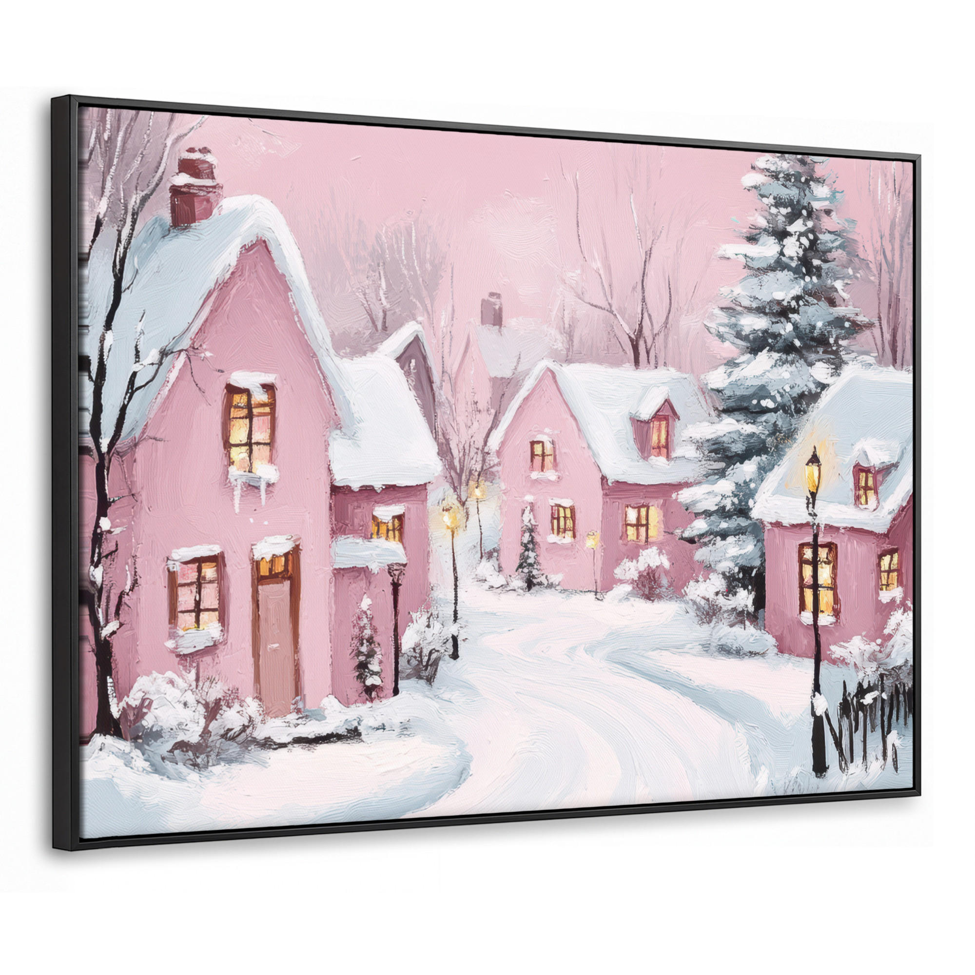 LEINWAND Bilder mit Rahmen - Weihnachtsdorf - Rosa - Winter - Schnee - Häuser - 100x70 - Altrosa, Textil (100/70cm) - MuchoWow