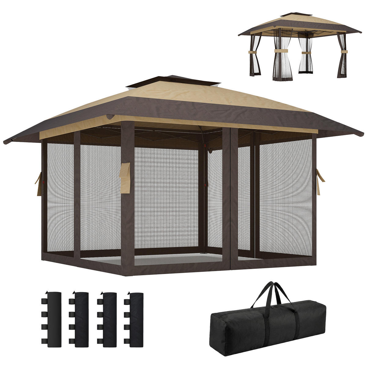 PAVILLON, faltbar, verstellbarer Höhe, Tragetasche, UPF 30+, 4x4 m ,Khaki - Braun, Metall (400/287/400cm) - Vallsero