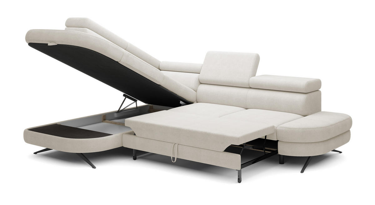ECKSOFA OTIS L-förm, Schlaffunktion, verstellbare Kopfstützen, in AURORA-Stoff, lose Rückenkissen, freistehend, LINKS 218x276x97 cm White - Weiß, Holz/Textil (218/276cm) - DomoHome