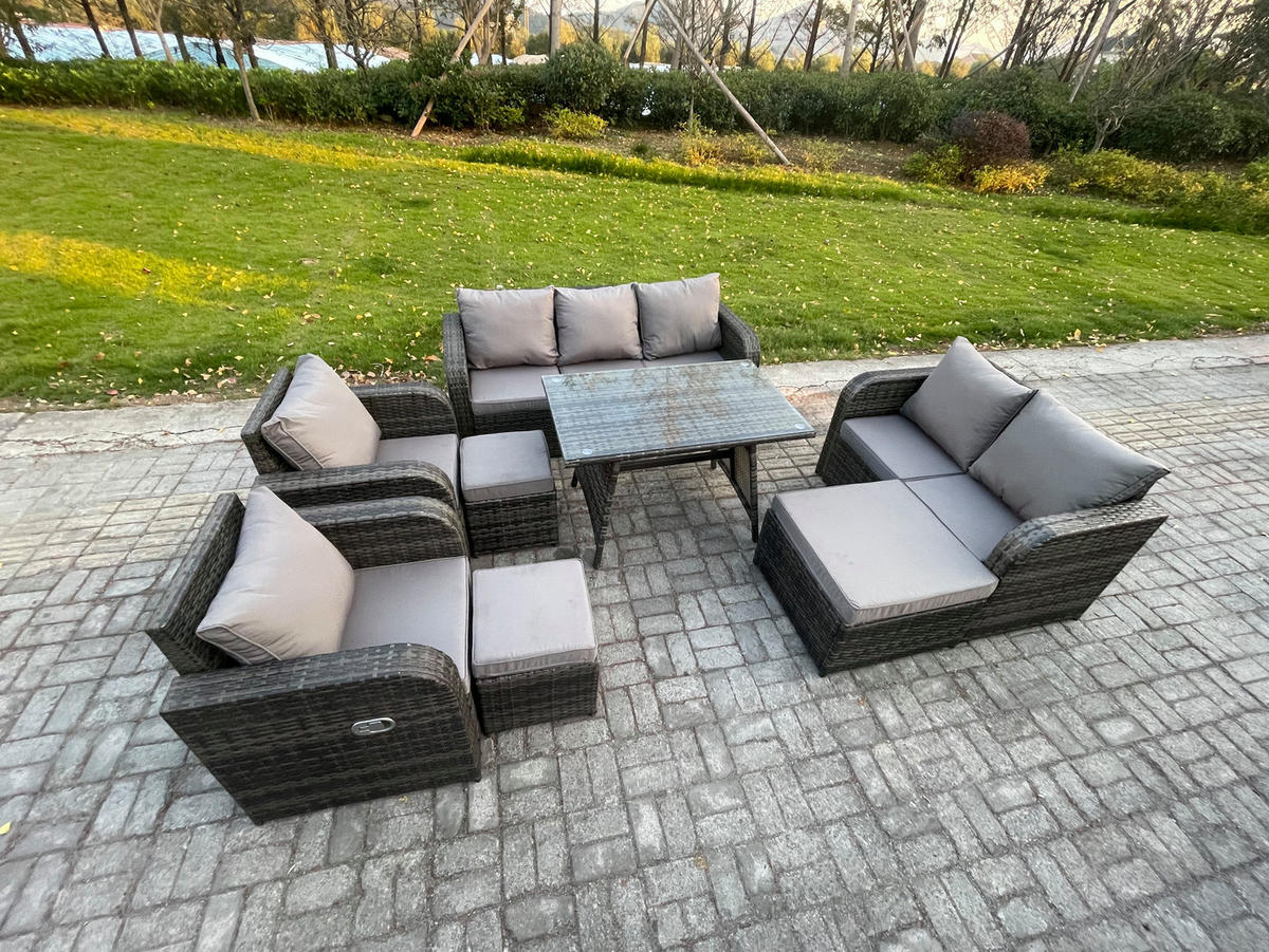 GARTENMÖBEL SET Polyrattan Dunkelgrau 10-Sitzer - Dunkelgrau/Grau, Glas/Kunststoff - Fimous