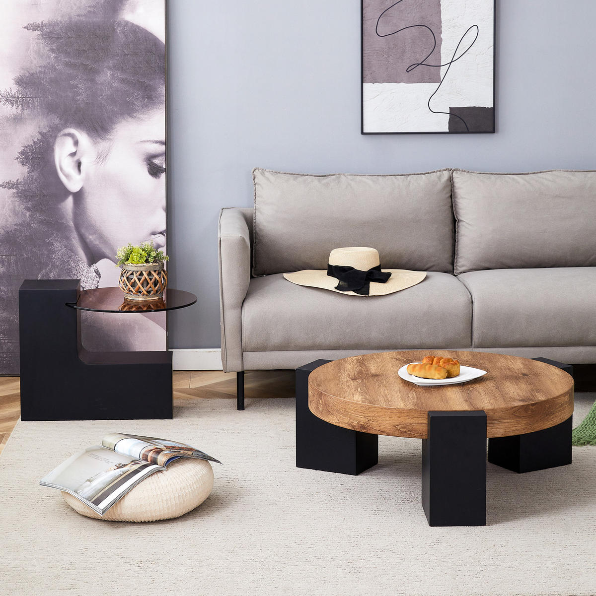 COUCHTISCH-SET rund 61/61/30 cm Schwarz Holzoptik mit Glasplatte und Ablage - Schwarz, Holzwerkstoff (61/61/30cm) - OKWISH