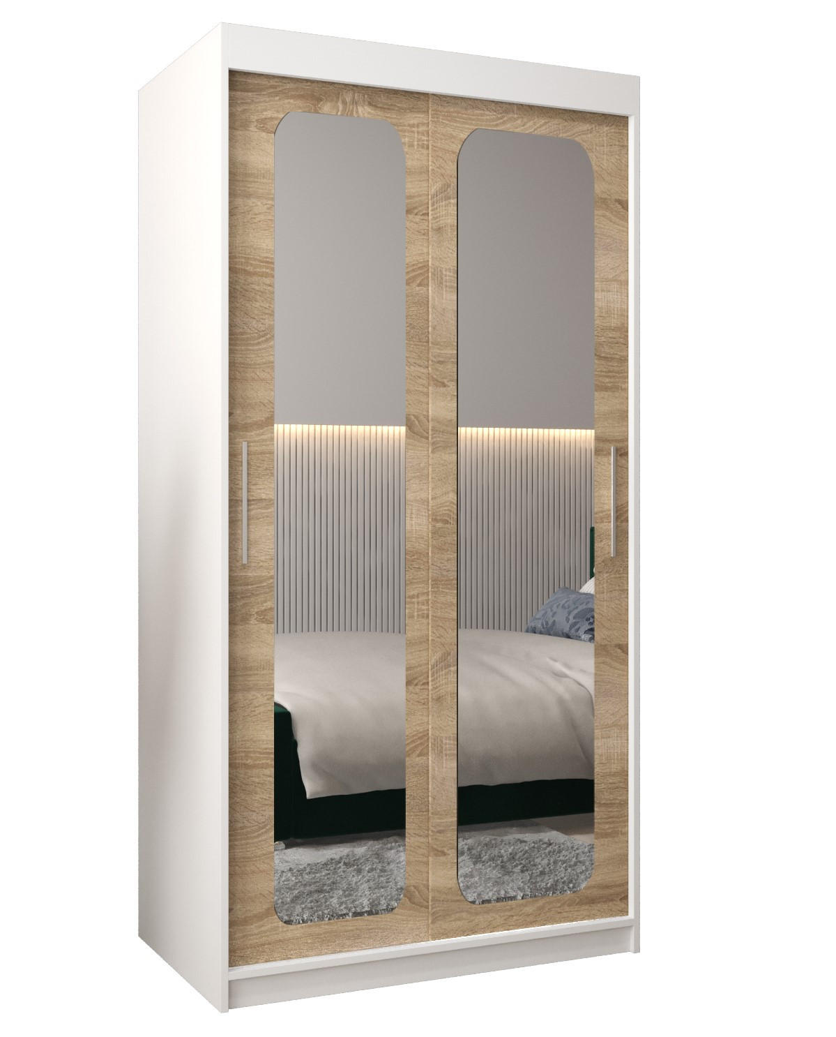 Abiks Möbel Schwebetürenschrank Weiß, Sonoma Eiche 100x200x62 cm