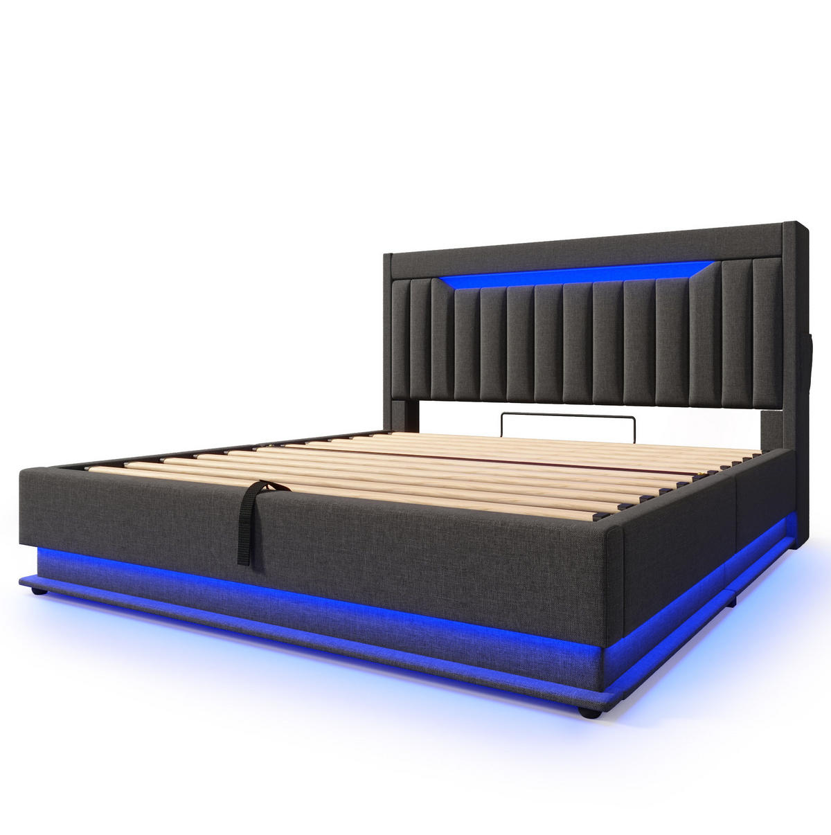 ČALOUNĚNÁ postel 140/190 cm šedá z lnu s LED osvětlením, USB a úložným čelem - šedá, textil (140/190cm) - OKWISH