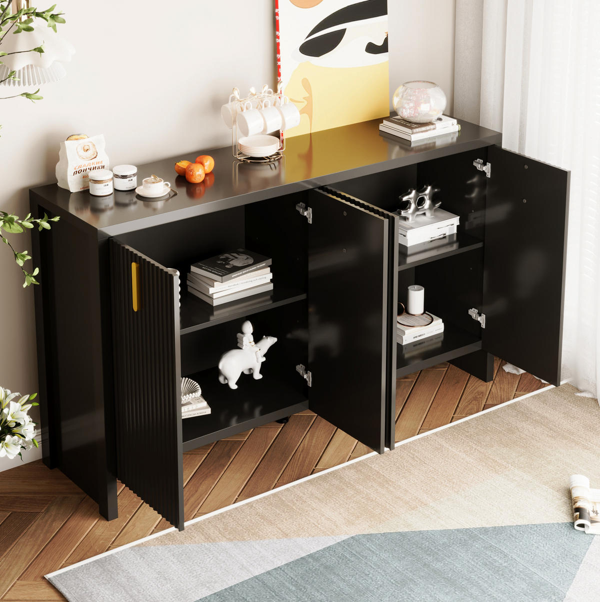 SIDEBOARD 140/38/80 cm mit 4 Türen in Schwarz und goldfarbenen Griffen - Schwarz, Holzwerkstoff (140/38/80cm) - BEAOK