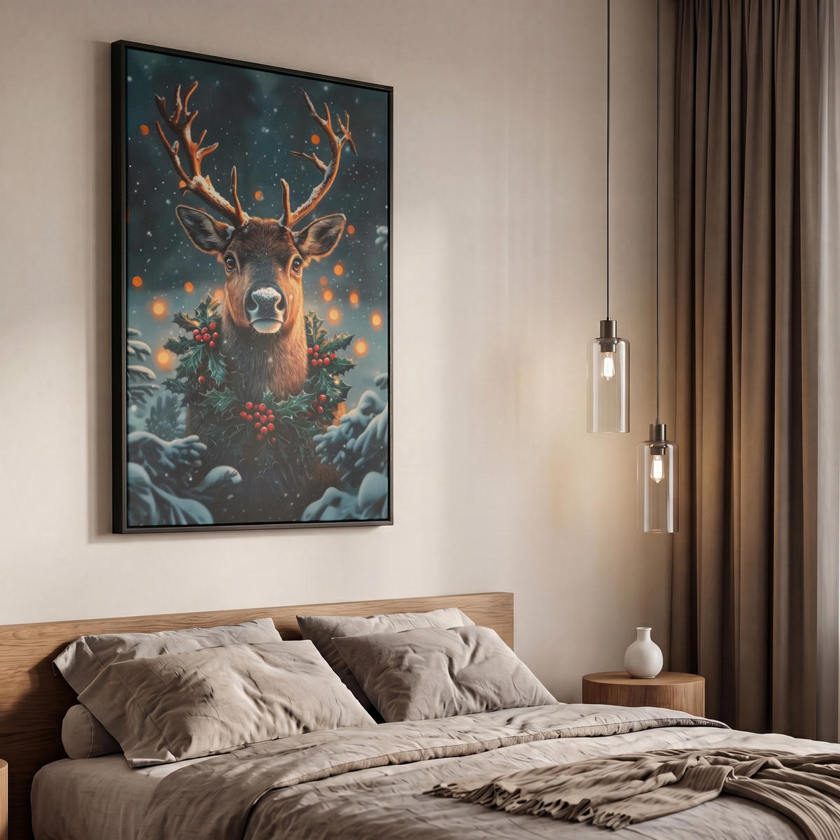LEINWAND Bilder mit Rahmen - Hirsch - Weihnachten - Winter - Schnee - Weihnachtskranz - 60x90 - Dunkelbraun, Textil (60/90cm) - MuchoWow