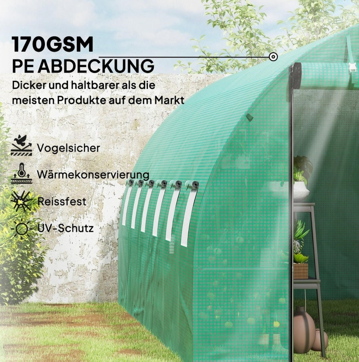 GEWÄCHSHAUS 600/300/197 cm Grün aus Kunststoff mit aufrollbaren Türen - Grün, Kunststoff (300/197/600cm) - OKMYHOME