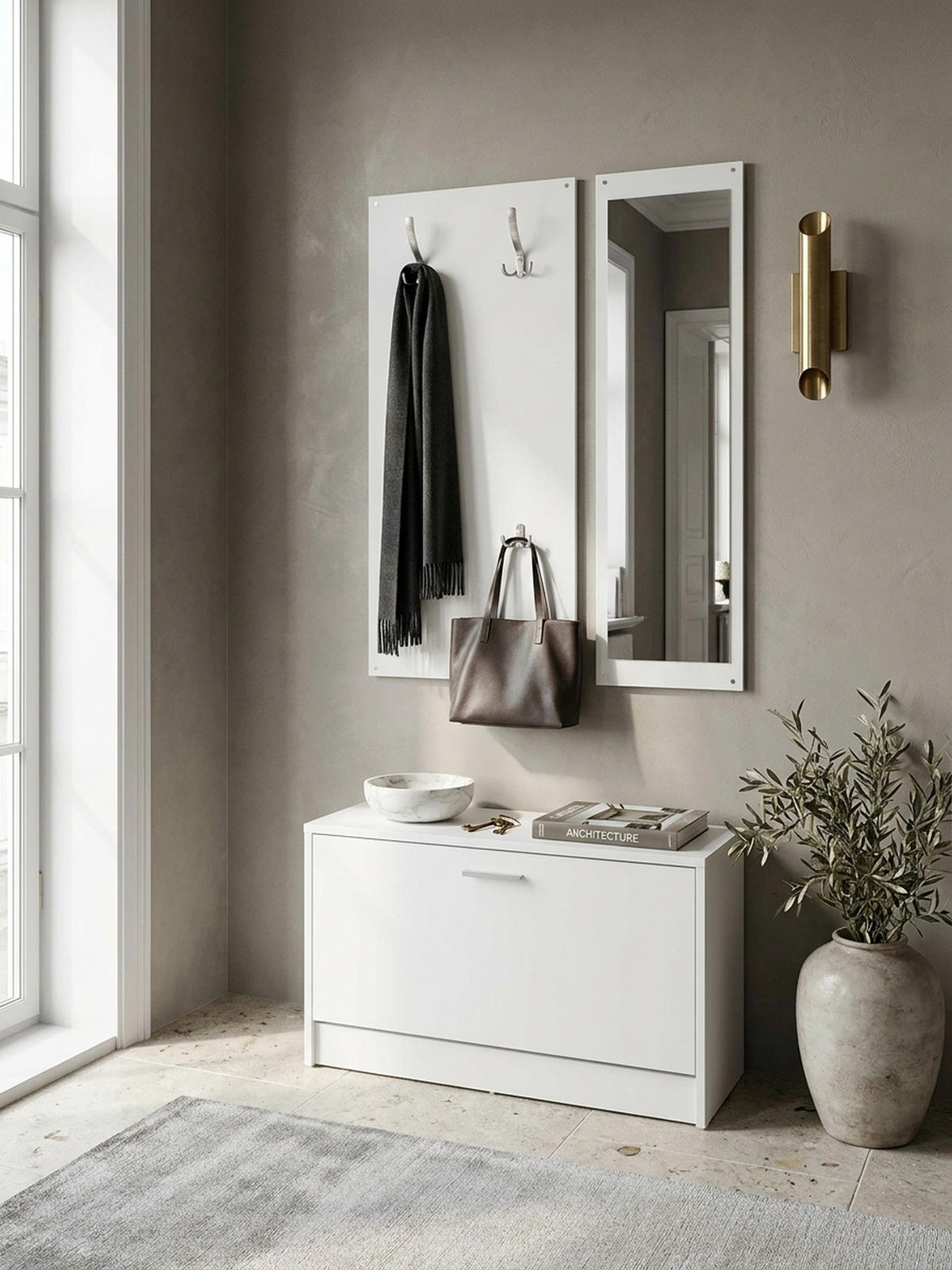 WANDGARDEROBE mit Spiegel, 10 Haken und Platz für 8 Paar Schuhe DELFT, Weiß 80x27x180 cm - Weiß, Holz (80/180/27cm) - KADIMA DESIGN