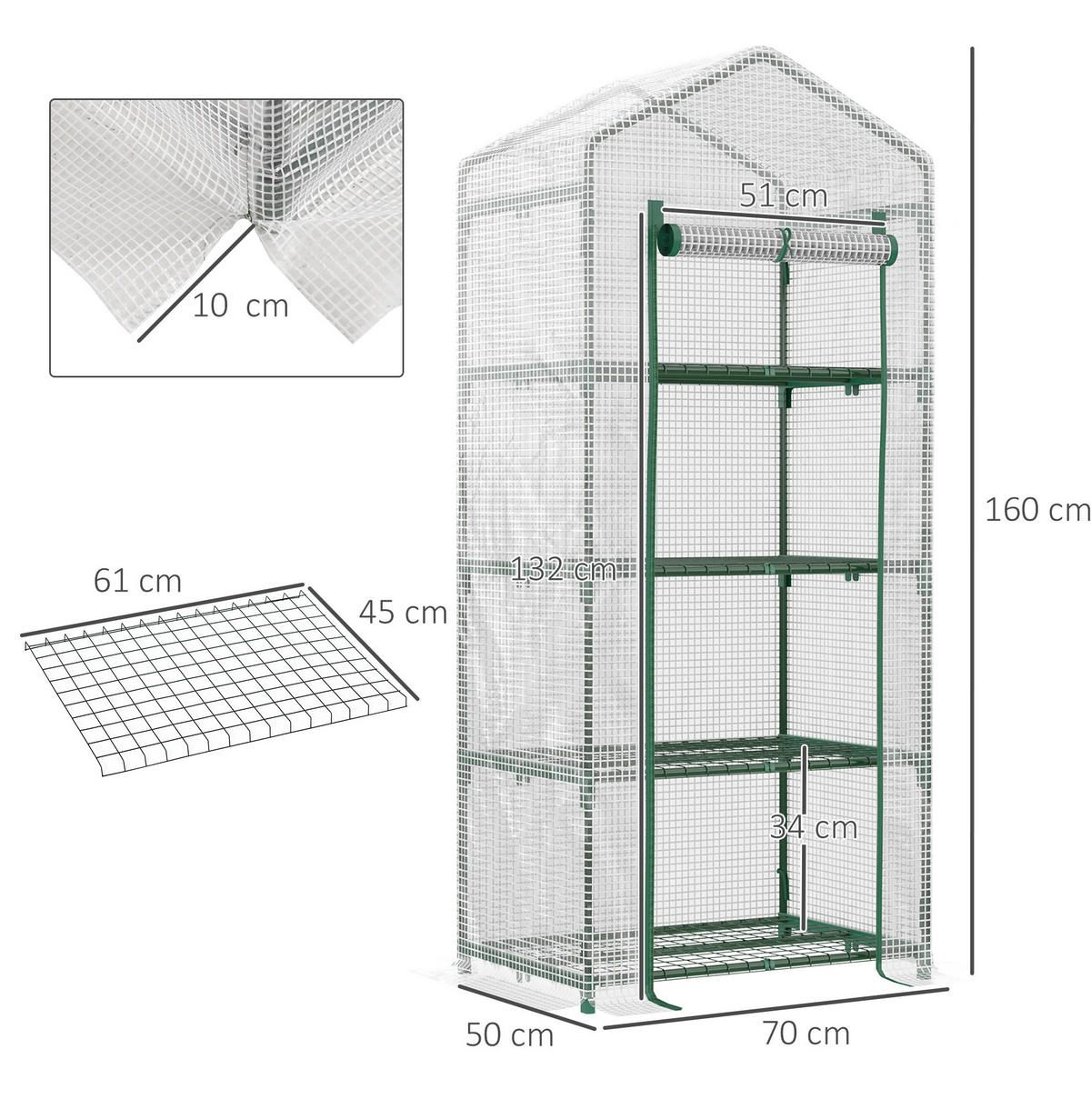 GEWÄCHSHAUS 70/160/50 cm Weiß aus PVC mit 4 Regalböden - Weiß, Kunststoff (50/160/70cm) - OKMYHOME