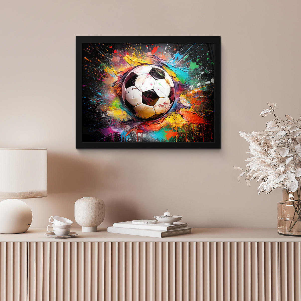 POSTER MIT RAHMEN Fußball - Farbe - Farben - Schwarz - Weiß 40x30 cm - Weiß, Papier (40/30cm) - MuchoWow