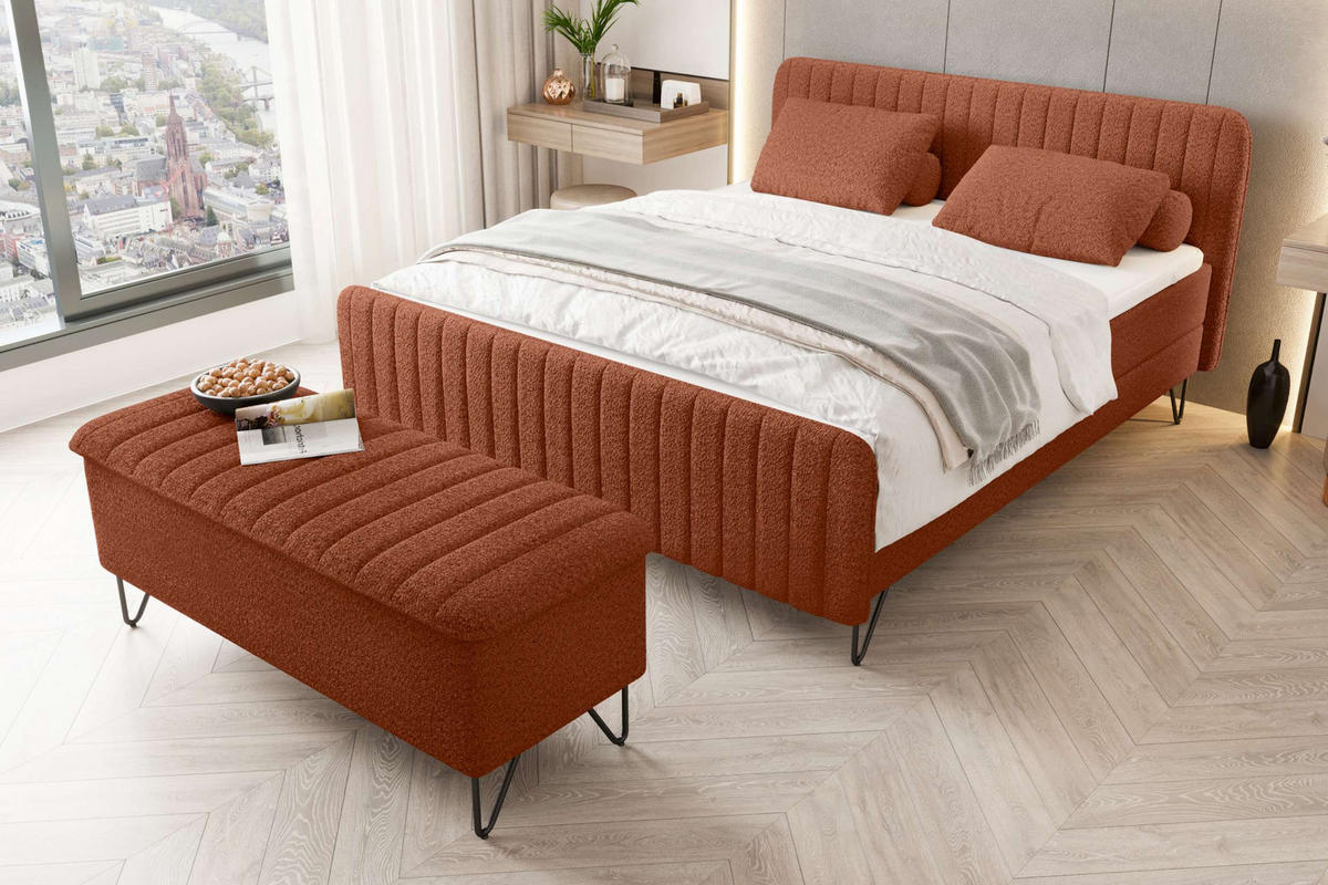 BOXSPRINGBETT LUCIO mit Hocker Bouclé-Stoff Terracotta 180/200 cm - Terracotta/Schwarz, Textil/Metall (180/200cm) - 99rooms