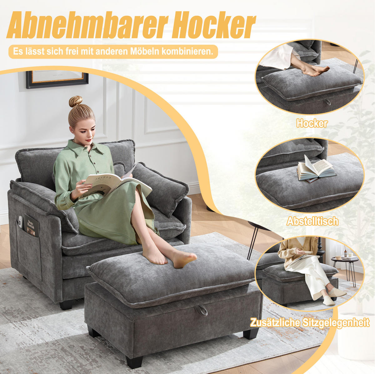 SESSEL 103/85/91 cm in Grau aus Chenille mit Fußhocker und Stauraum - Grau, Textil (103/91/85cm) - BEAOK