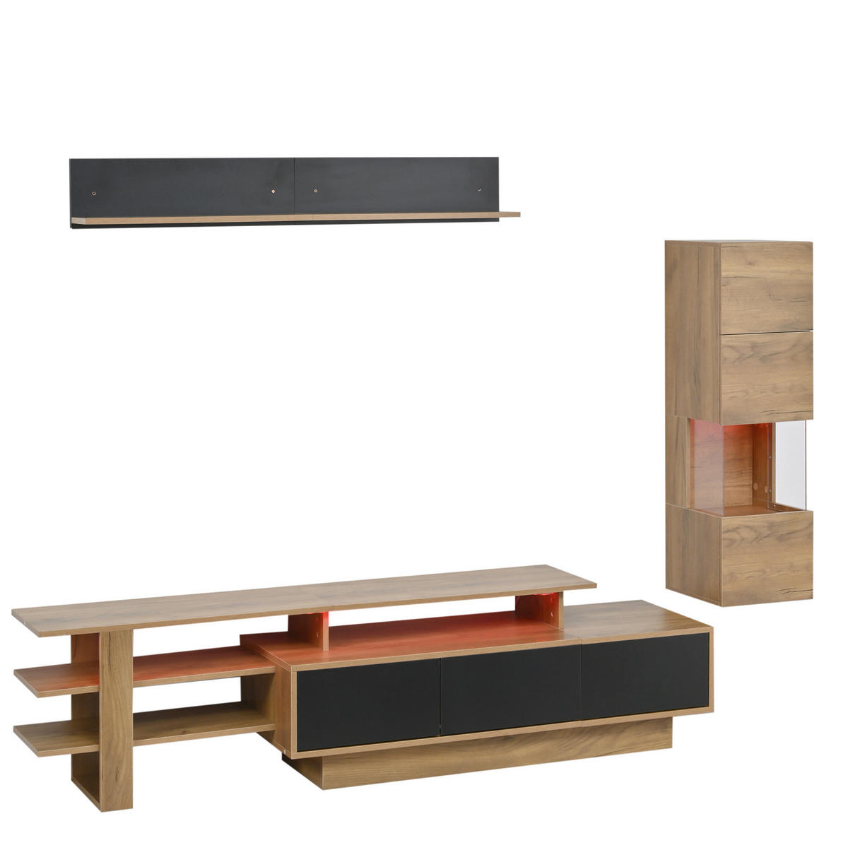 TV-WOHNWAND 3-tlg. 180 cm MDF/Acryl Natural+Black mit LED - Schwarz, Holzwerkstoff (40/45/150cm) - Beauniv