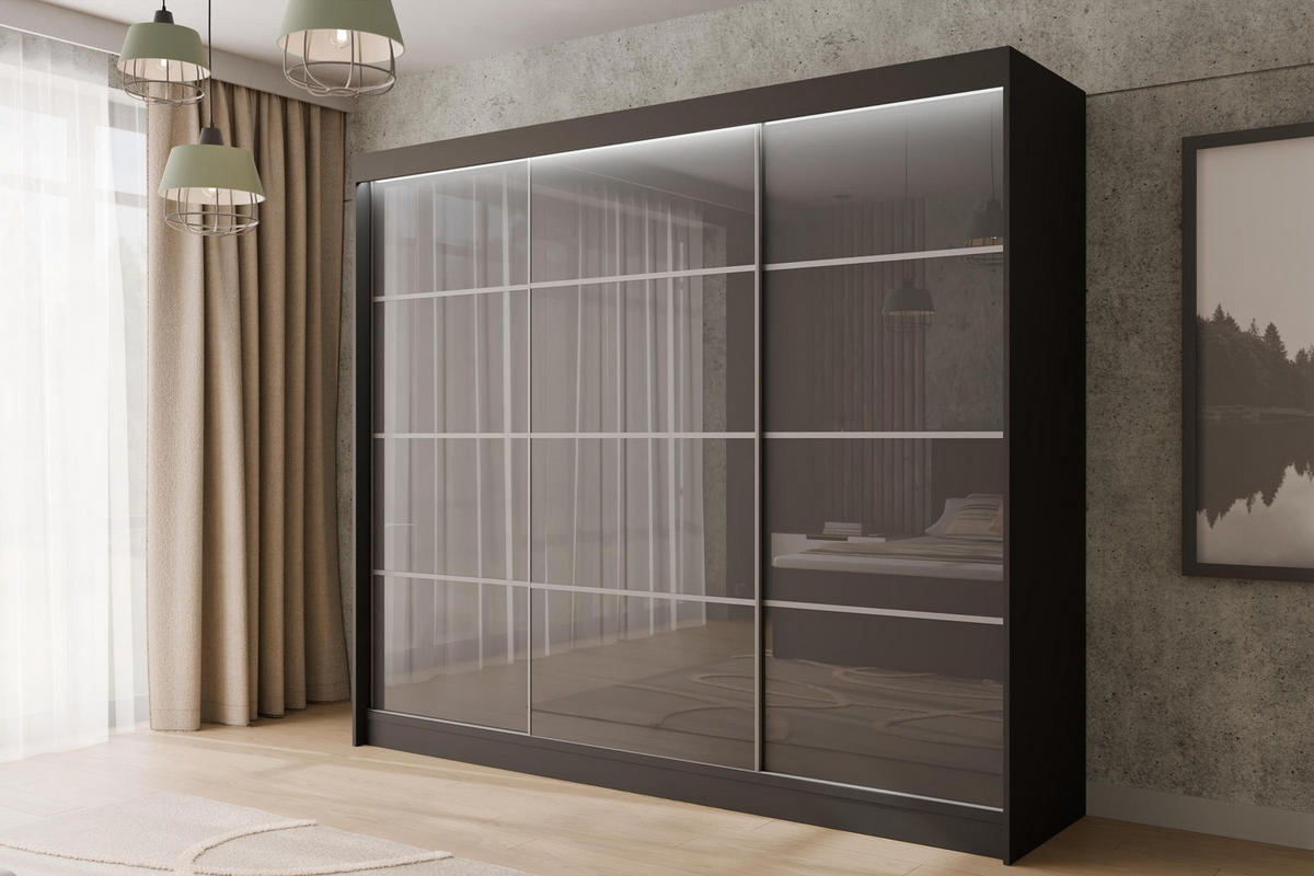 KLEIDERSCHRANK PEKA III mit LED - 250 cm - Schwarz|Grau - Schwarz/Grau, Holzwerkstoff (250/215/61cm) - ALTDECOR