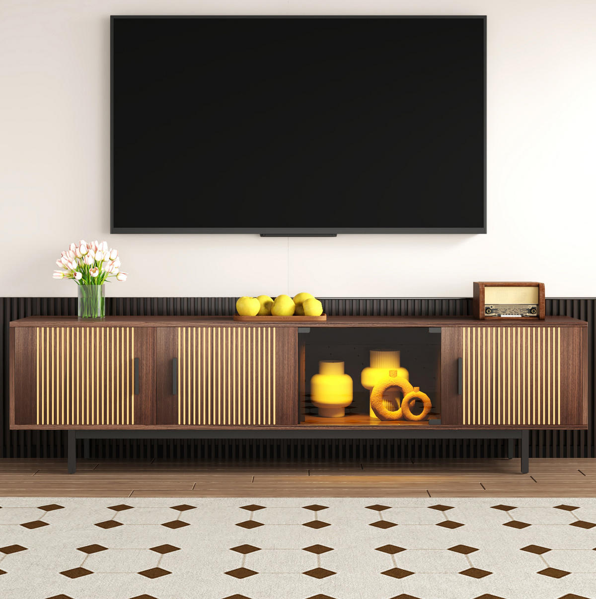 LOWBOARD 200/35/53 cm in Schwarz/Walnussbraun mit LED-Beleuchtung und Glastüren - Schwarz, Holzwerkstoff (200/53/35cm) - Flora Grace
