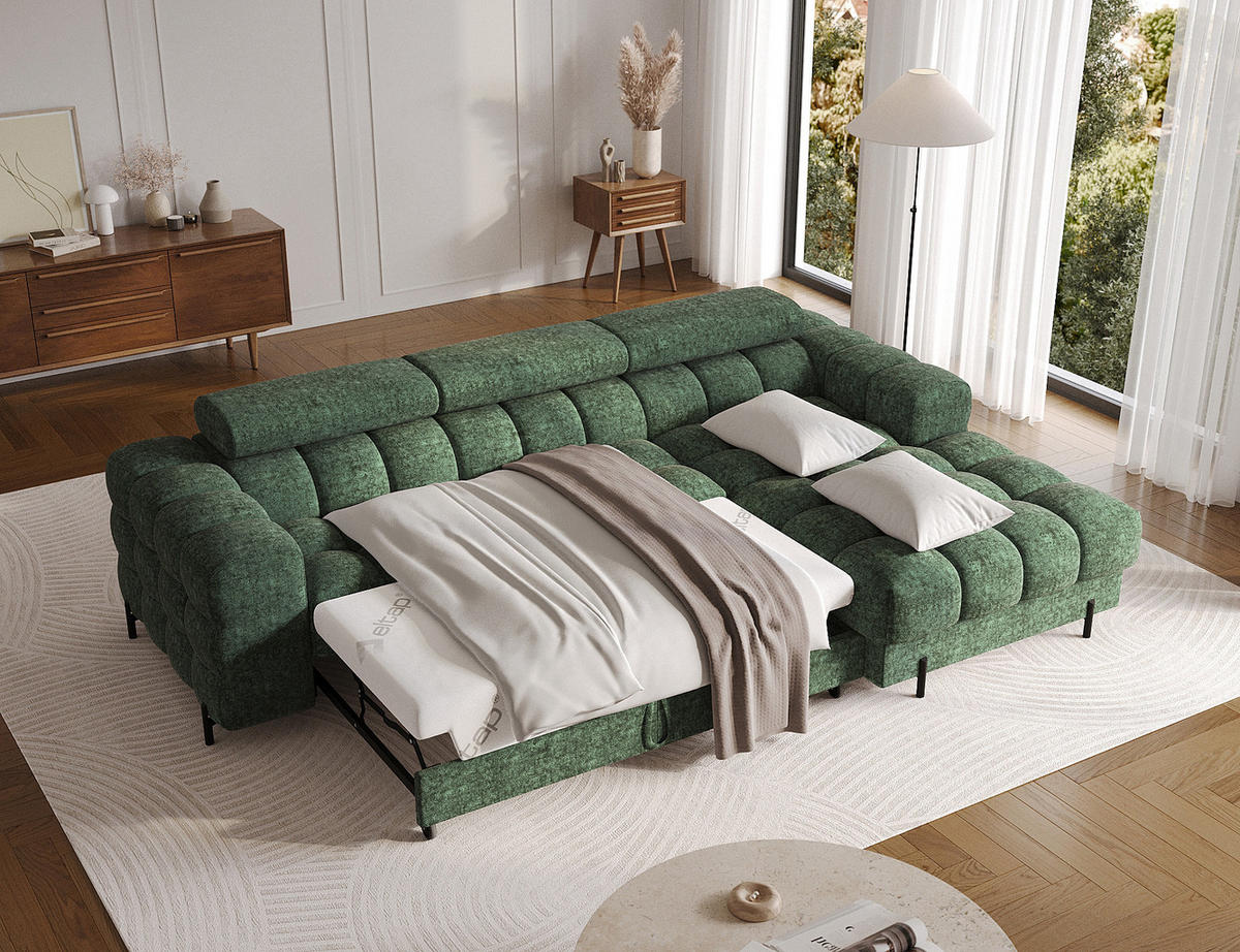 ECKSOFA FELRO mit Schlaffunktion, Bettkasten & verstellbaren Kopfstützen – Modernes Premium-Ecksofa in L-Form - Grün, Kunststoff (181/285cm) - Wohnideebilder