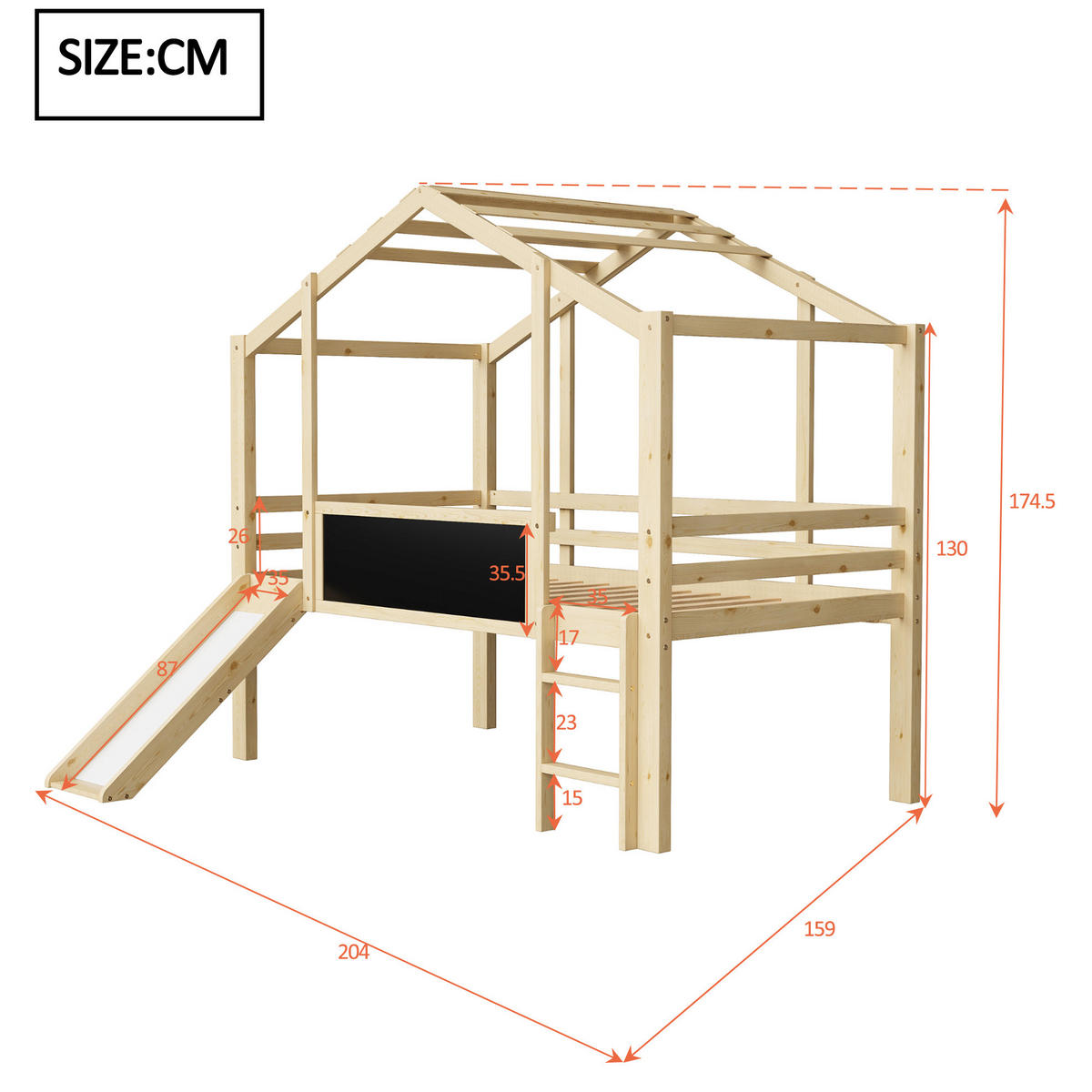 HAUSBETT 90/200 cm Natur aus Massivholz mit Rutsche und Tafel - Naturfarben, Holz (90/200cm) - OKMYHOME