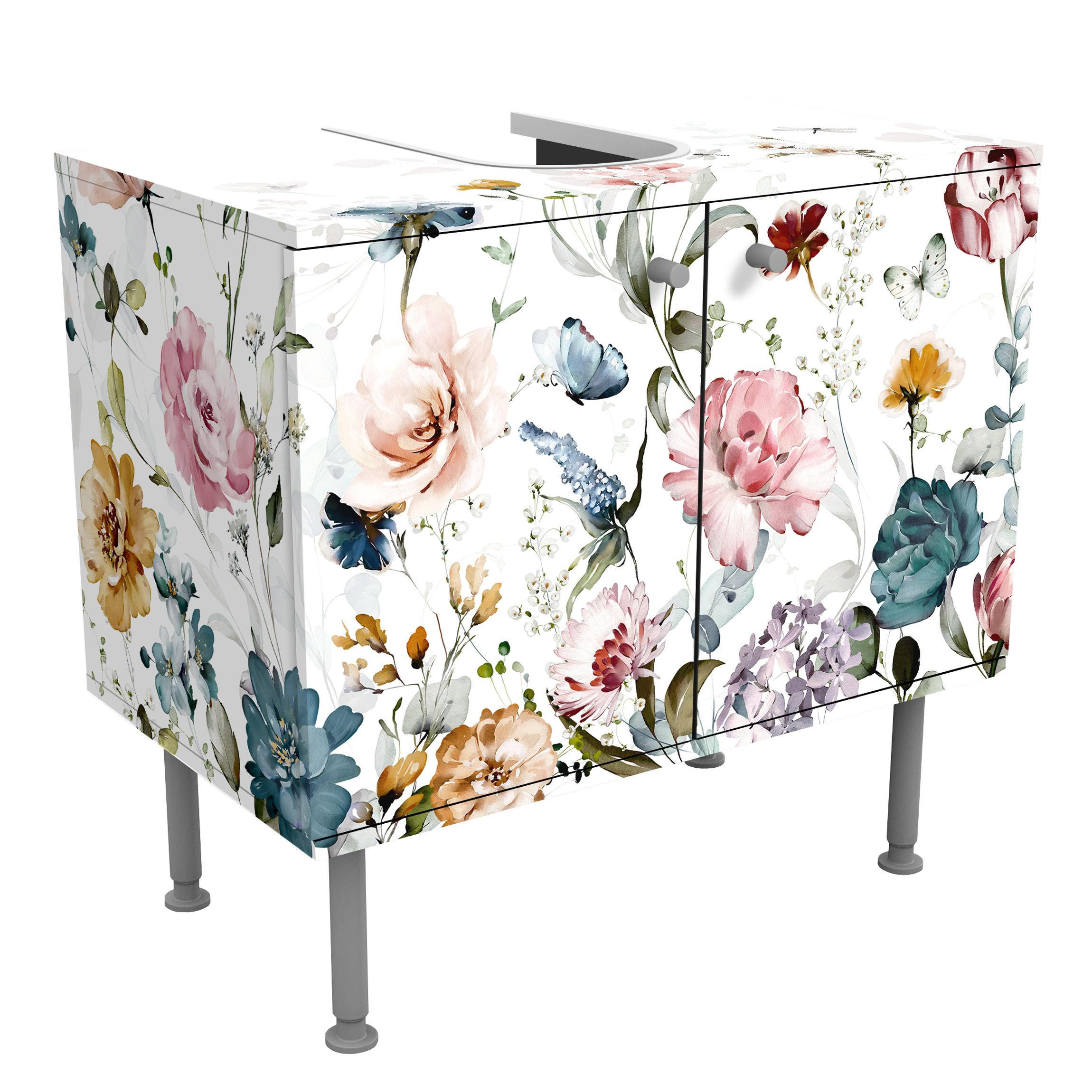 WASCHBECKENUNTERSCHRANK Rankende Blumen mit Schmetterlingen Aquarell 60/55/35 cm - Pastellblau, Holzwerkstoff (60/55/35cm) - Bilderwelten