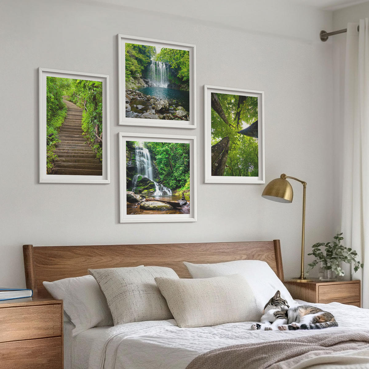 WANDBILDER 4er-Set - 50x50 cm & 40x60 cm Weißer Rahmen - Pfad Wald Wasserfall Vegetation - Weiß, Kunststoff (50/50cm) - ArtPrintCave
