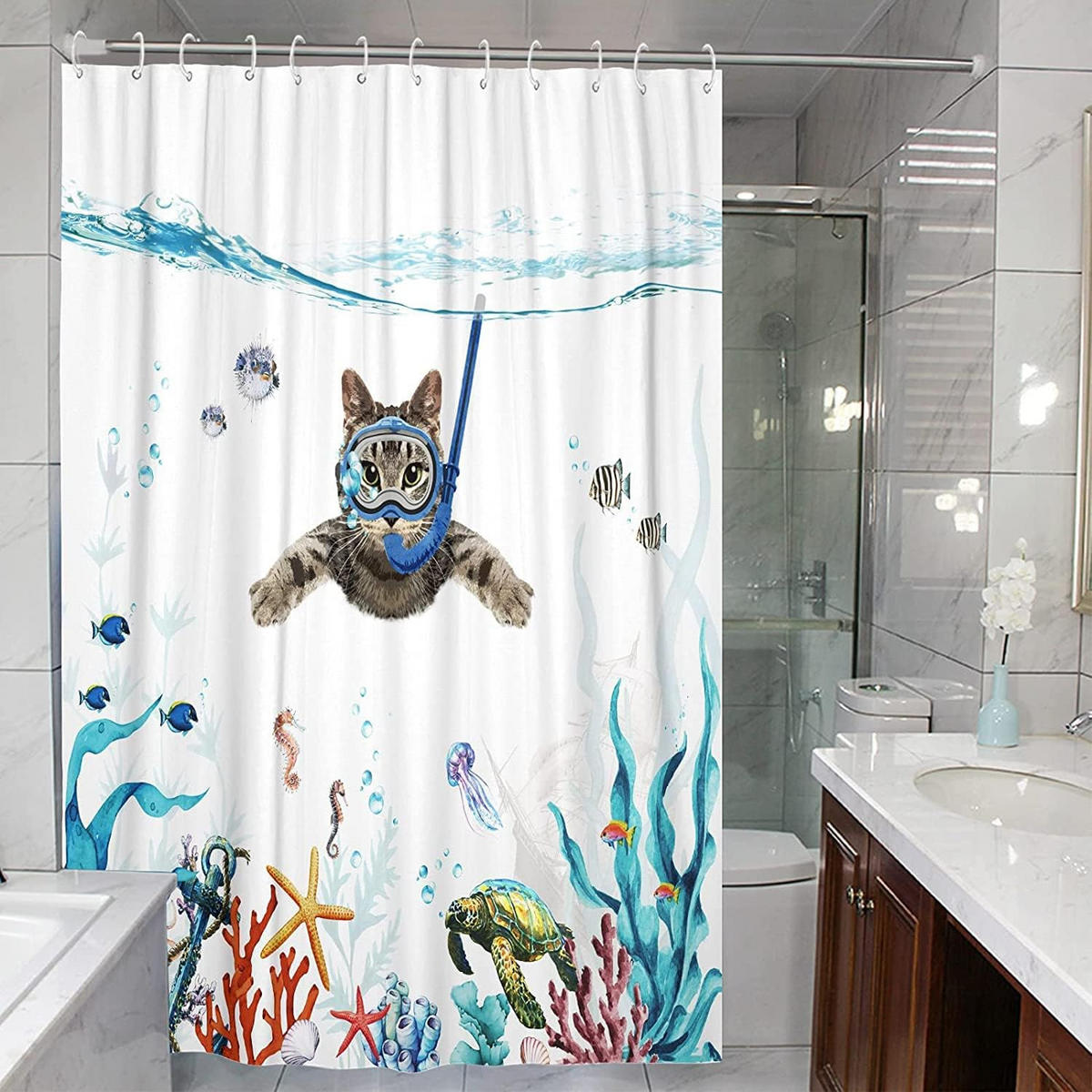 DUSCHVORHANG Katze Ozean bedruckt Polyester schnell trocknend wasserdicht waschbar - Weiß, Textil (180/180cm) - MCBOSON