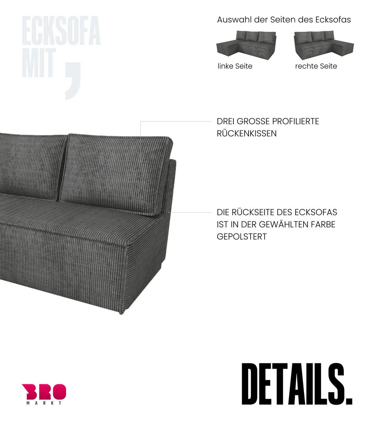 ECKSOFA Hector mit Schlaffunktion Grau Cord - Grau, Textil (200/141cm) - Bromarkt