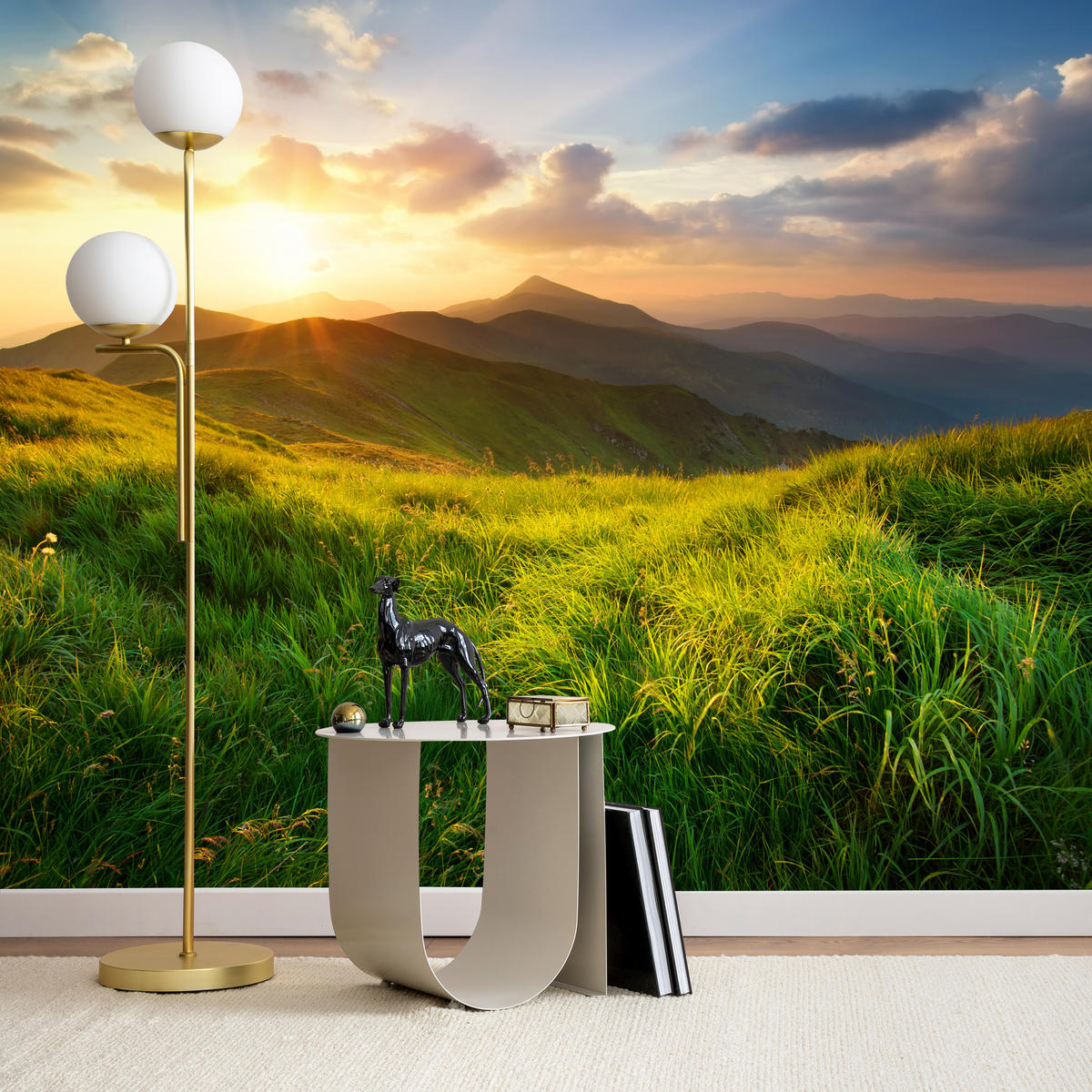 FOTOTAPETE für Wohnzimmer Sonnenuntergang Berge Wiese Gras 400x280 - Gelb/Beige, Papier (400/280cm) - Muralo