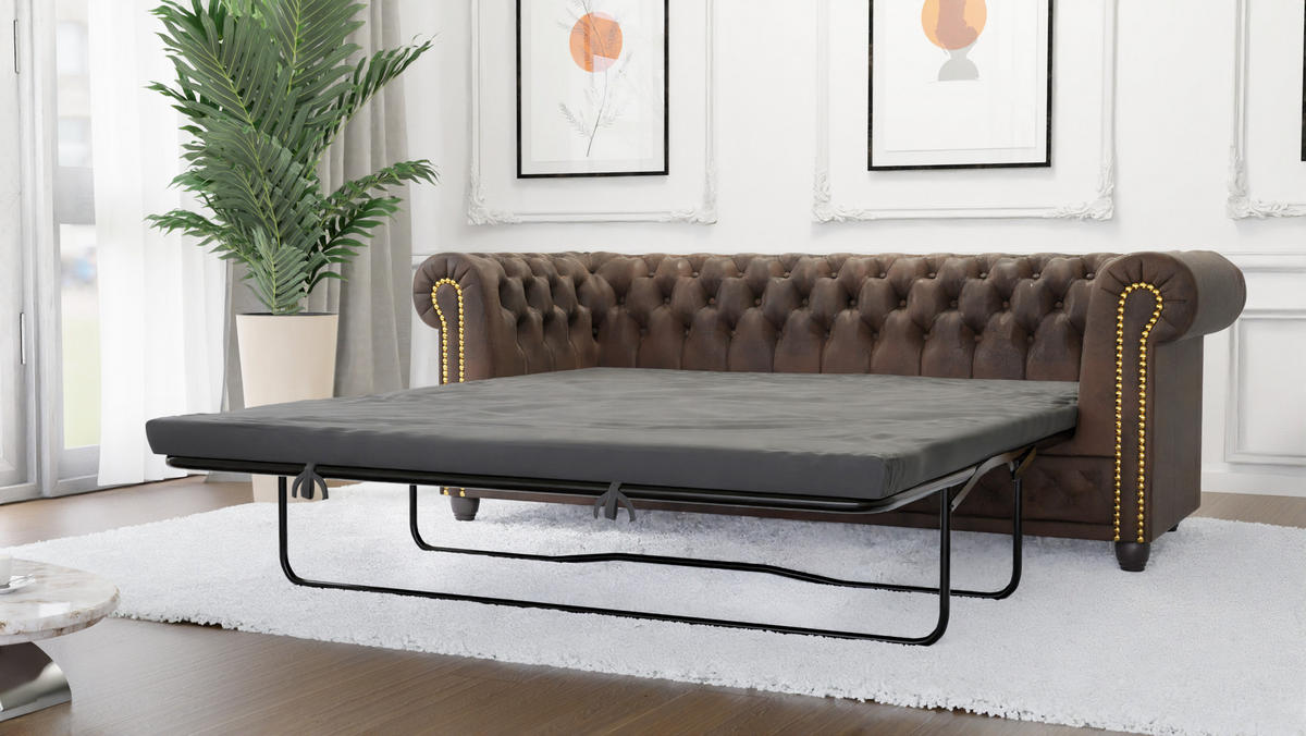 CHESTERFIELD-SOFA 3-sitzer mit Schlaffunktion Flux Dunkelbraun Microfaser Vintageoptik - Dunkelbraun/Braun, Holz/Textil (203/72/86cm) - S-Style Möbel