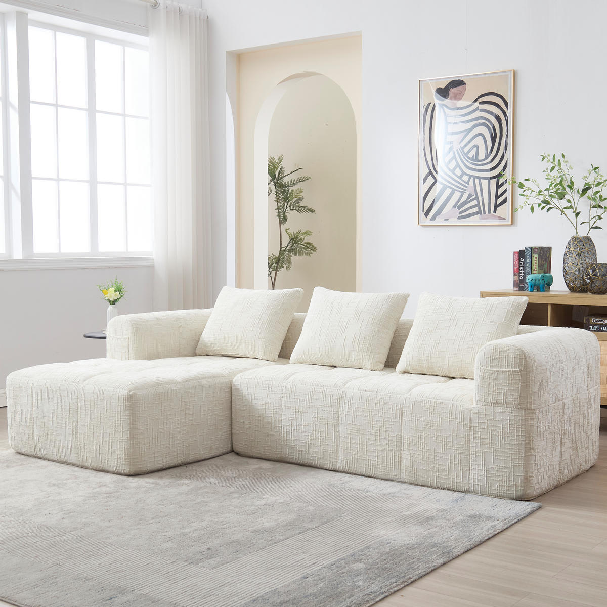 ECKSOFA Chenille Beige mit Kissen und Seitentaschen - Beige, Textil (250/158cm) - WISHDOR