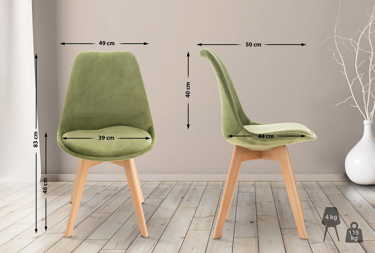 STUHL Samt hellgrün - Eukalyptusholzfarben/Hellgrün, Holz/Textil (49/83/50cm) - CLP
