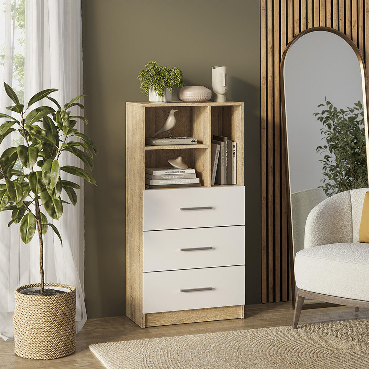UNIVERSALSCHRANK Tomy, Sonoma/Weiß, 60 x 120 cm mit 3 Schubladen - Weiß/Sonoma Eiche, Holzwerkstoff (60/120/31.6cm) - Vicco