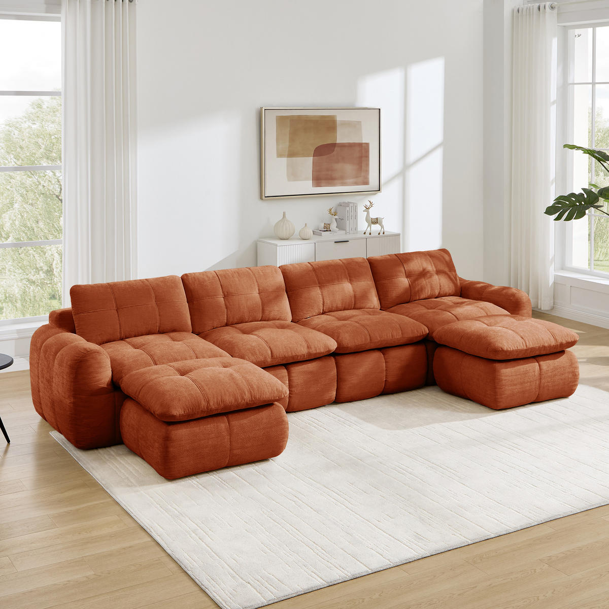 WOHNLANDSCHAFT DE-34464 U-Form mit 2 Ottomanen und Karostepp Orange - Orange, Textil (160/68.5/334cm) - ComfortXL