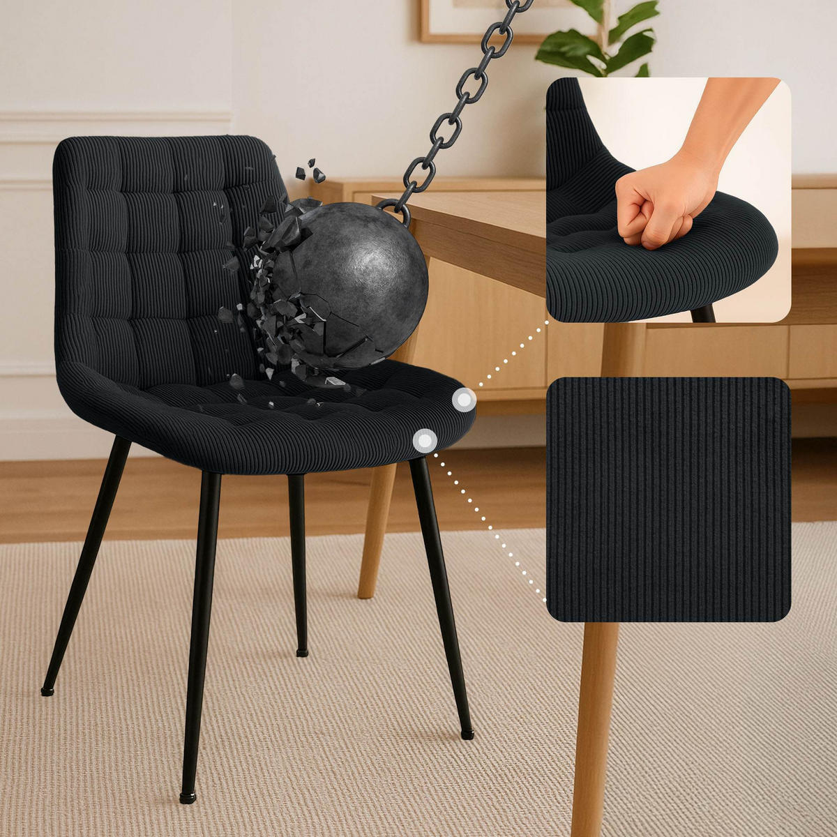 ESSZIMMERSTUHL Cord Schwarz - Schwarz, Textil/Metall (52/83/58cm) - CLP
